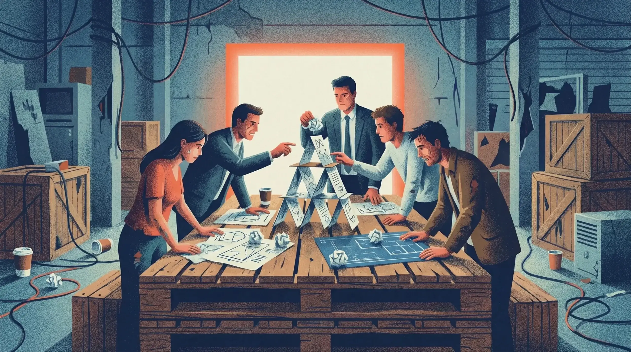 Broke designers meet at a makeshift table in a dilapidated warehouse.